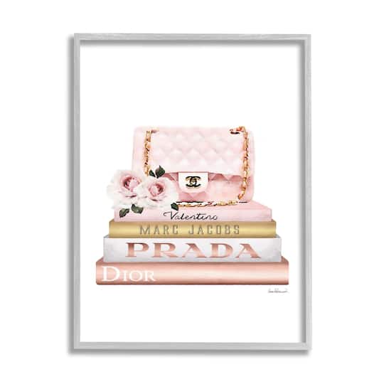 Stupell Industries Pink Purse Gold Bookstack Glam Fashion Watercolor Design Framed Wall Art